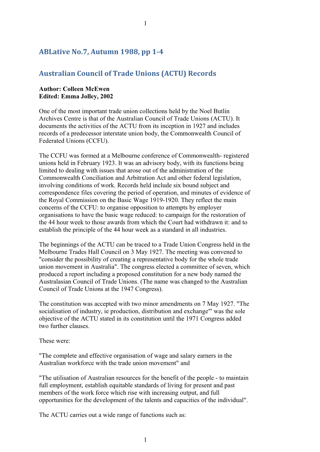 Australian Council of Trade Unions (ACTU) Records