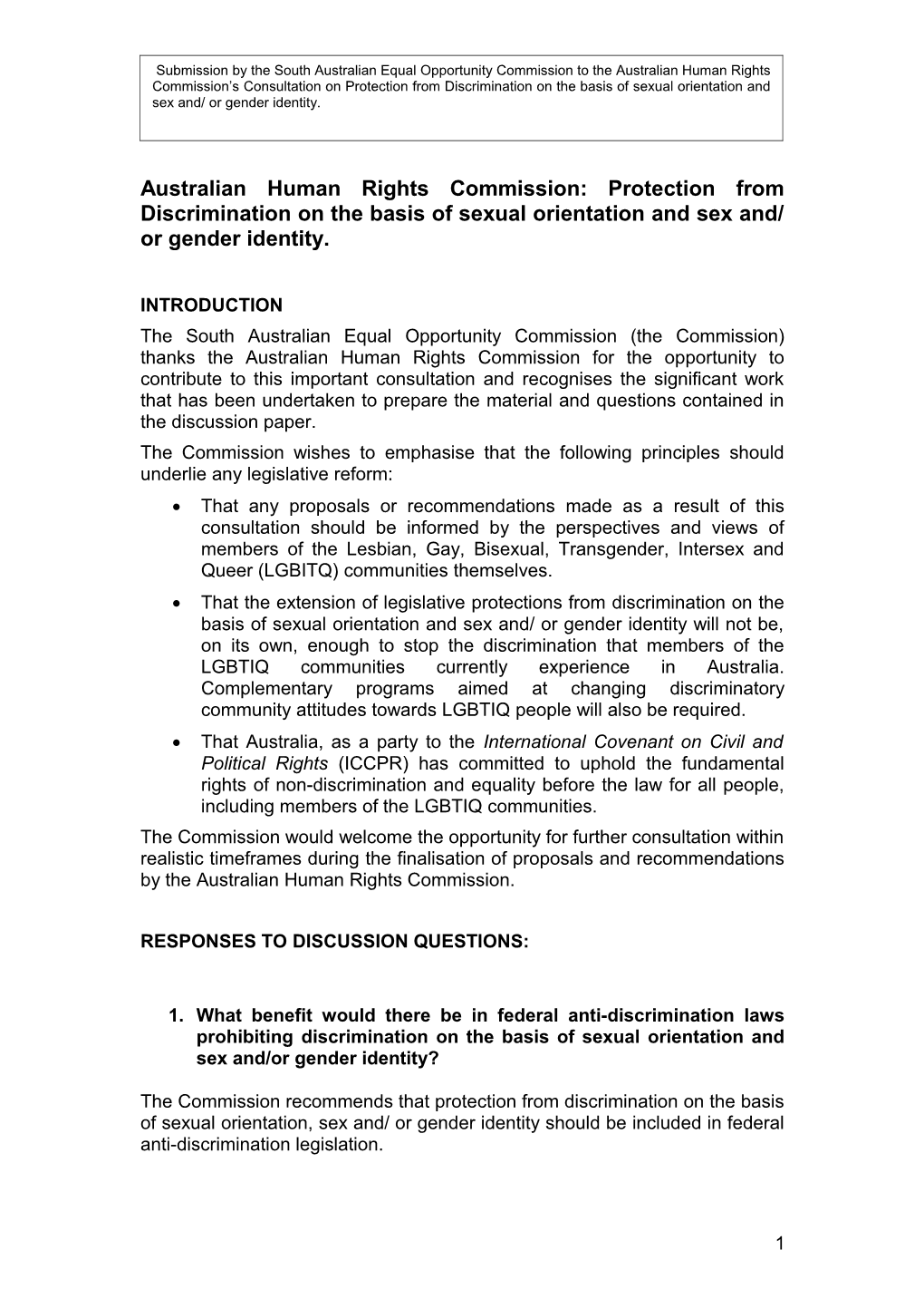 Australian Human Rights Commission: Protection from Discrimination on the Basis of Sexual