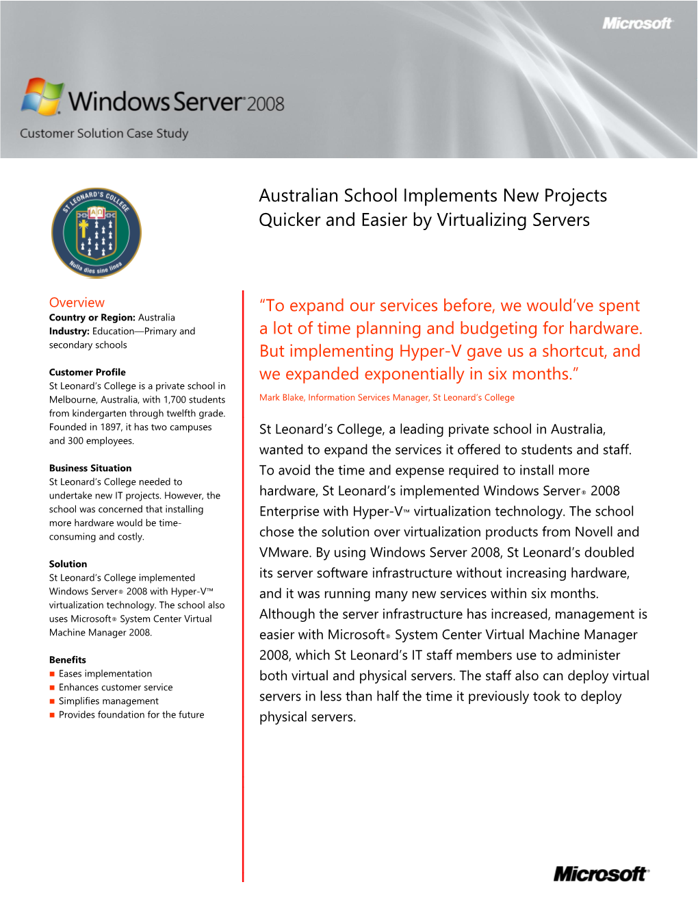 Australian School Implements New Projects Quicker and Easier by Virtualizing Servers