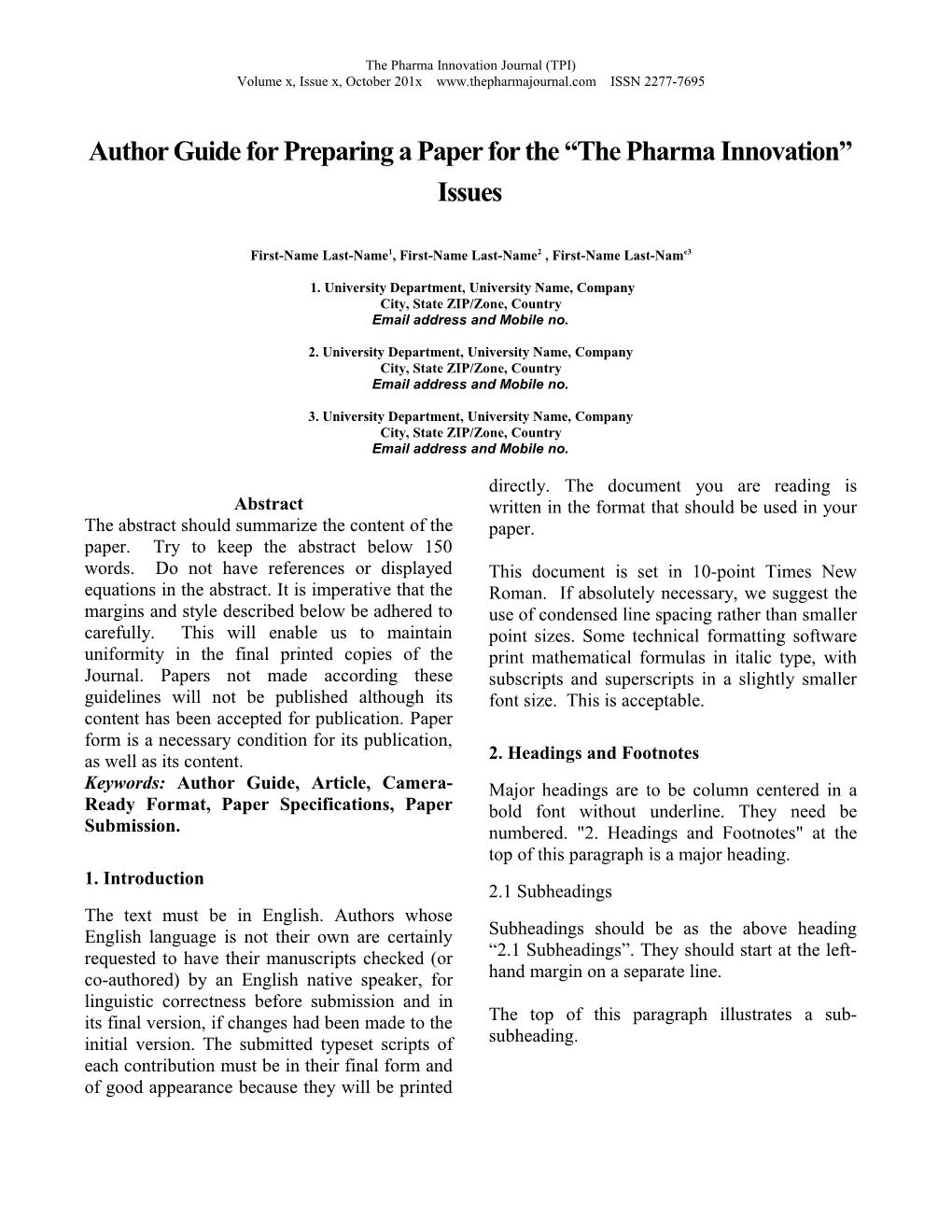 Author Guide for Preparing a Paper for the the Pharma Innovation Issues