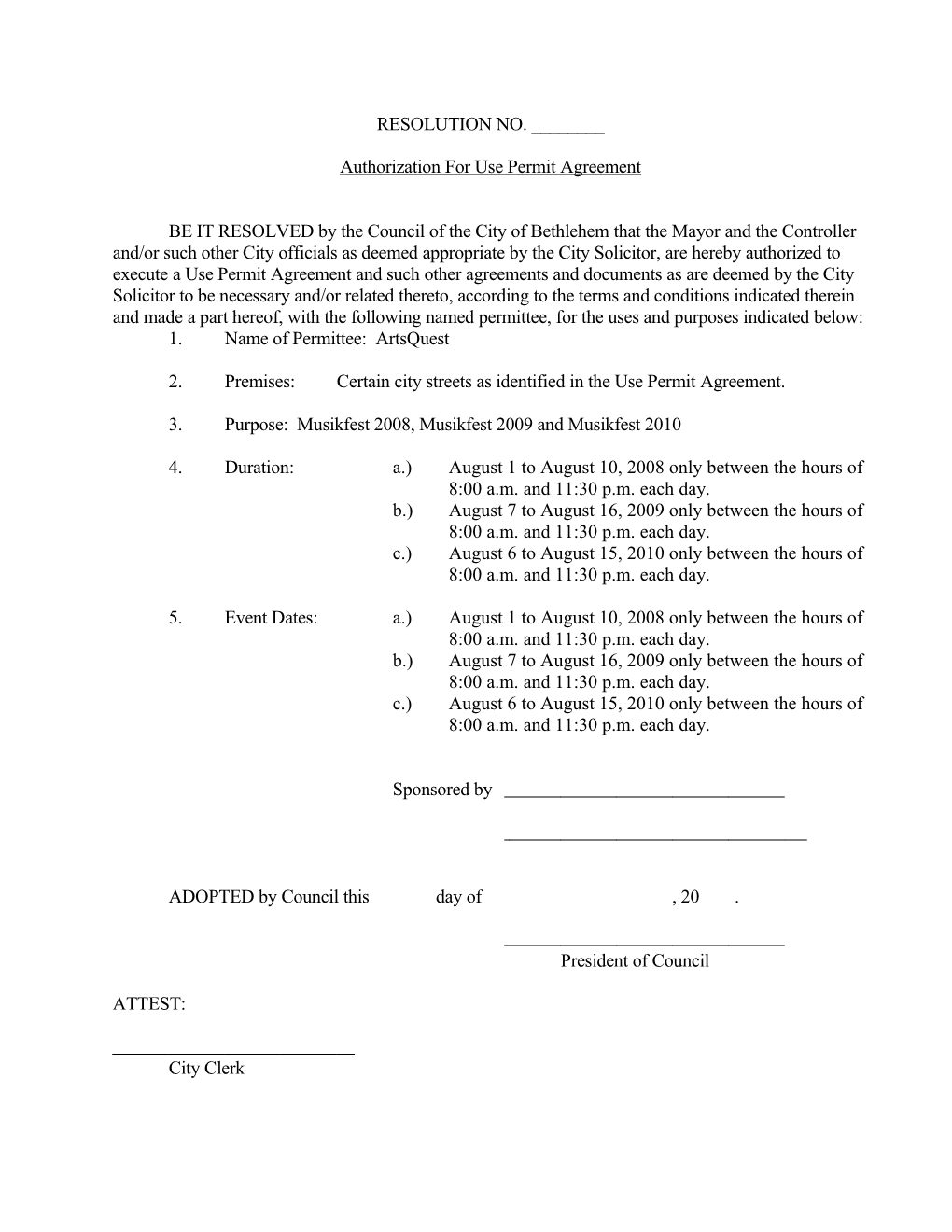 Authorization for Use Permit Agreement