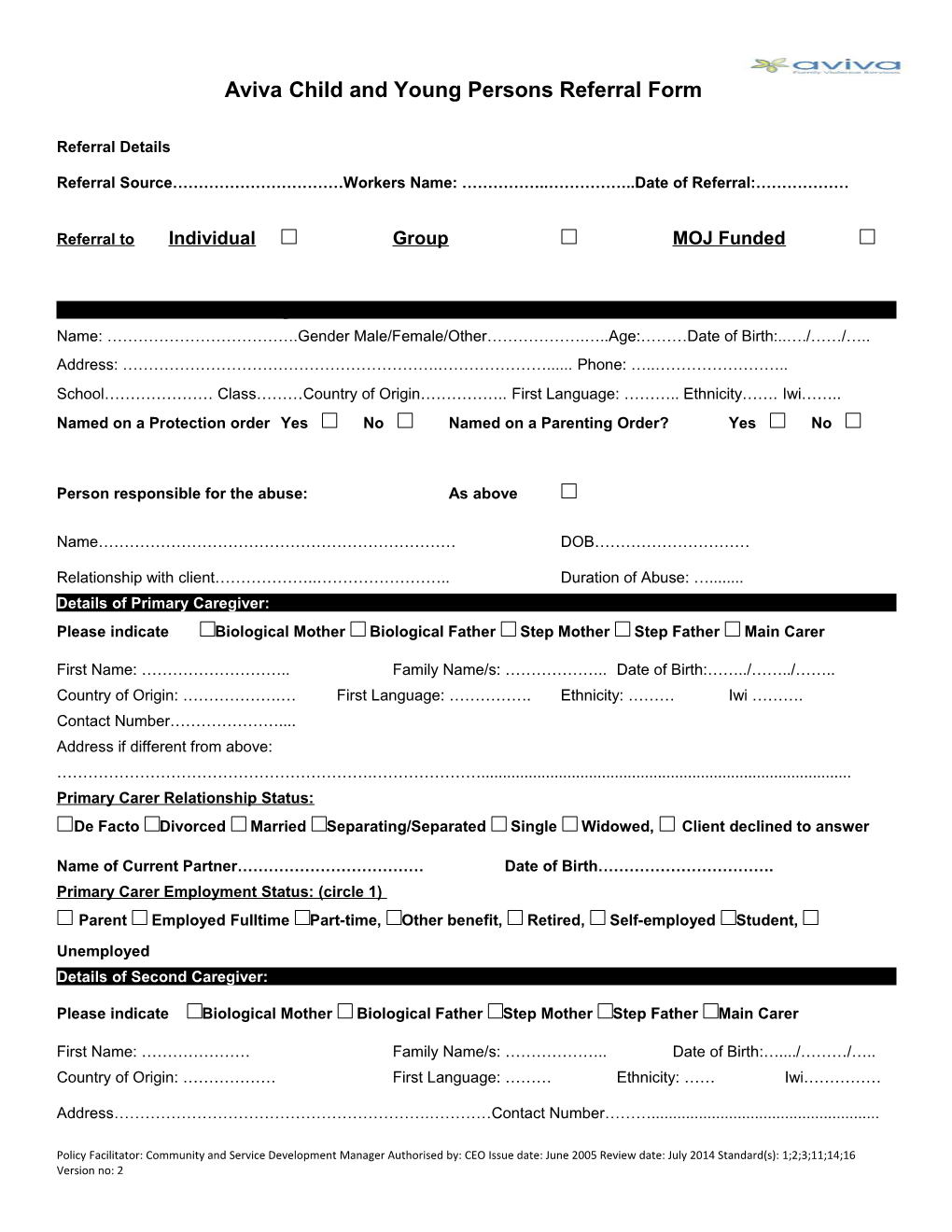 Aviva Child and Young Persons Referral Form