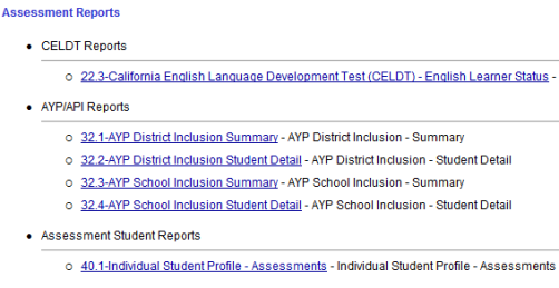 Under the Assessment Reports header there are three bullet points CELDT Reports AYP API Reports and Assessment Student Reports Under the AYP API header there are four reports 32 1 AYP District Inclusion Summary 32 2 AYP District Inclusion Student Detail 32 3 AYP School Inclusion Summary and 32 4 AYP School Inclusion Student Detail Select the report you want to run
