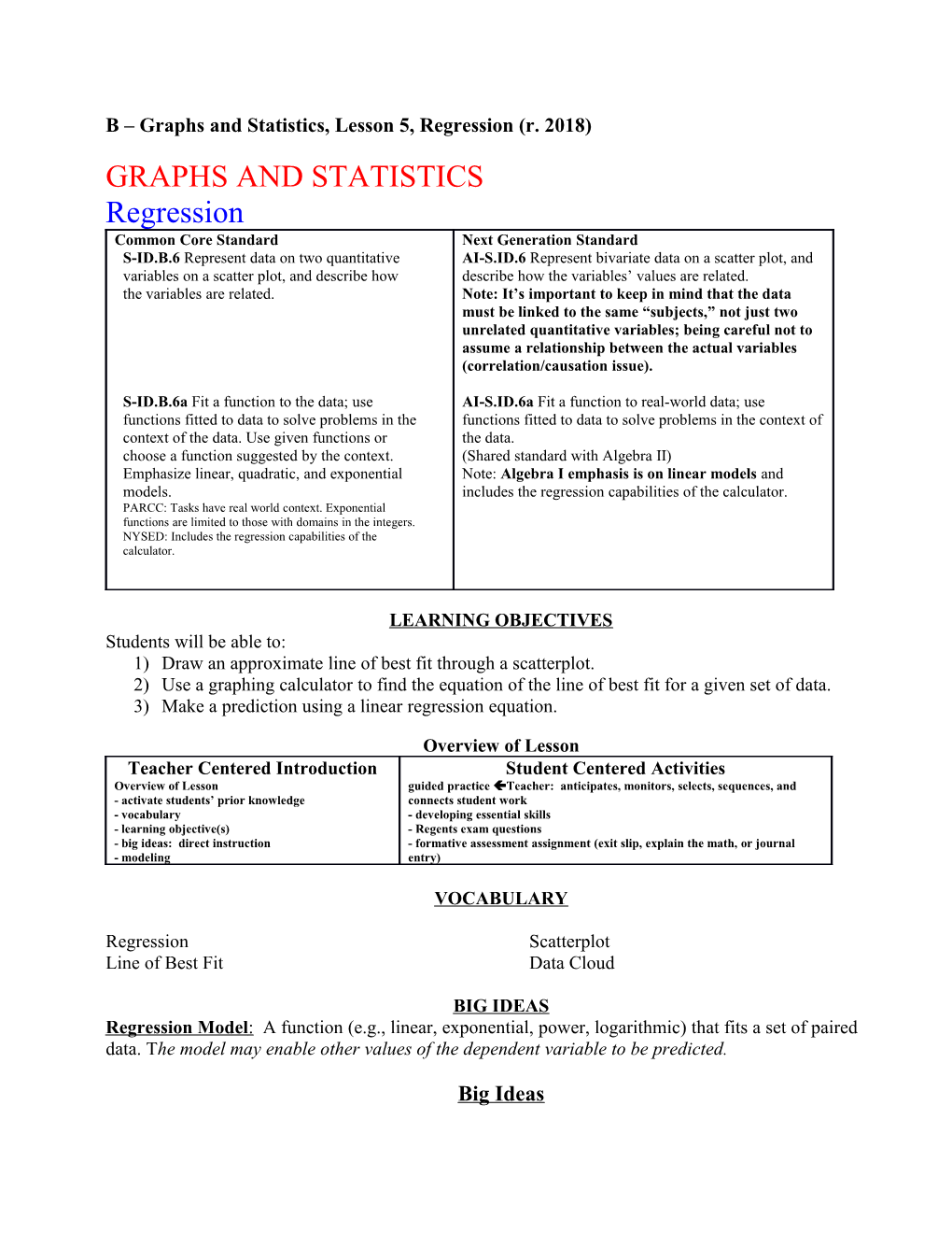 B Graphs and Statistics, Lesson 5, Regression(R. 2018)