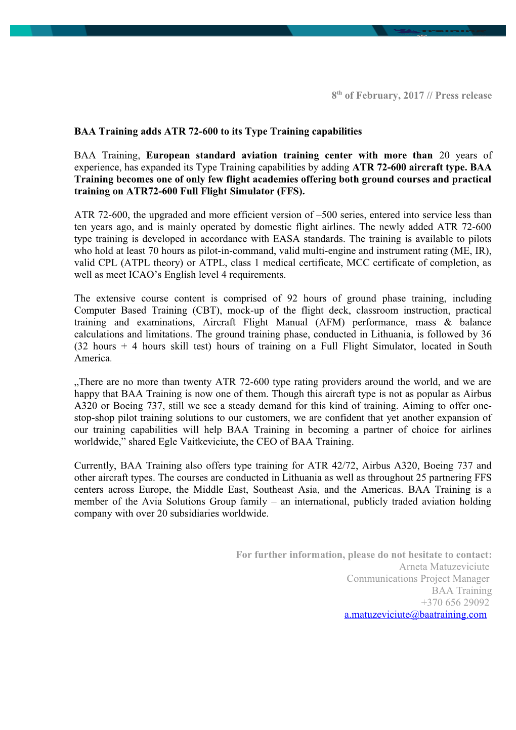 BAA Training Adds ATR 72-600 to Its Type Training Capabilities