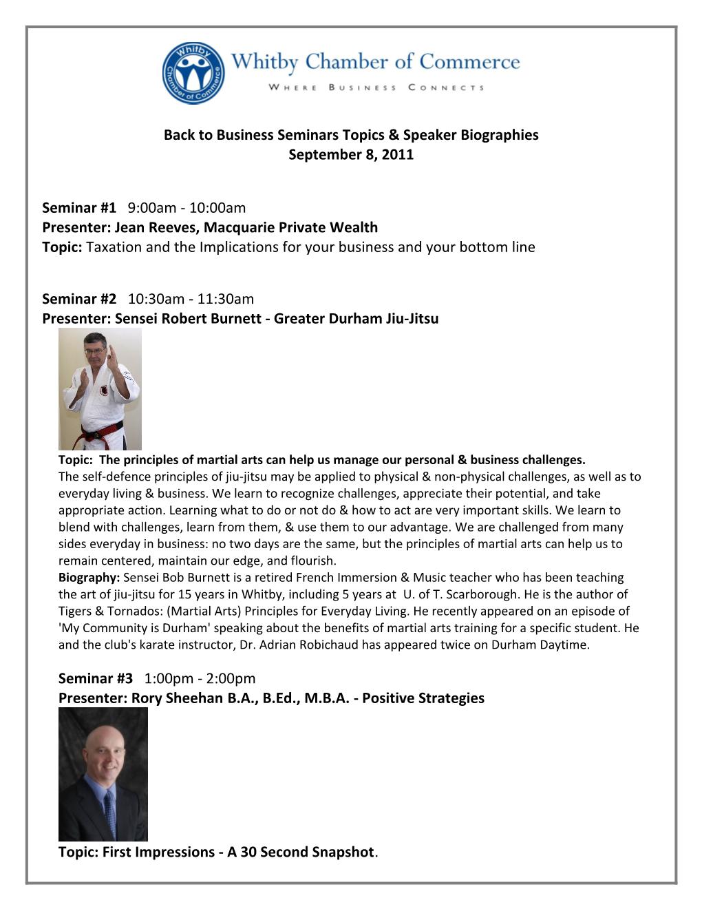 Back to Business Seminars Topics & Speaker Biographies September 8, 2011