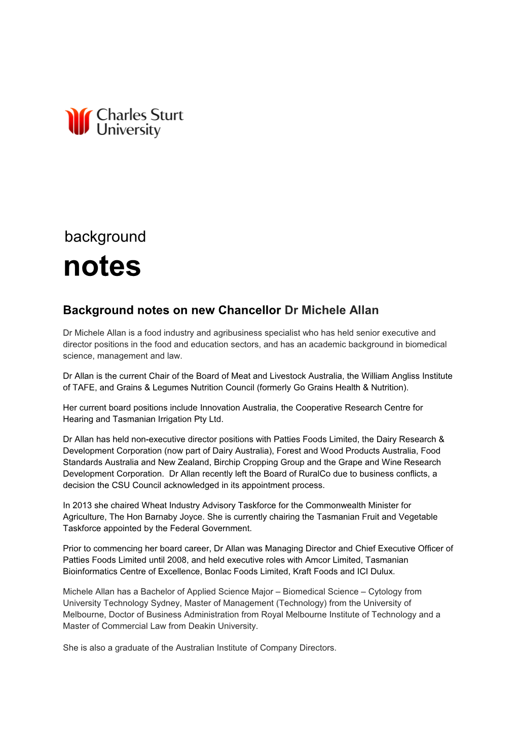 Background Notes on New Chancellor Dr Michele Allan