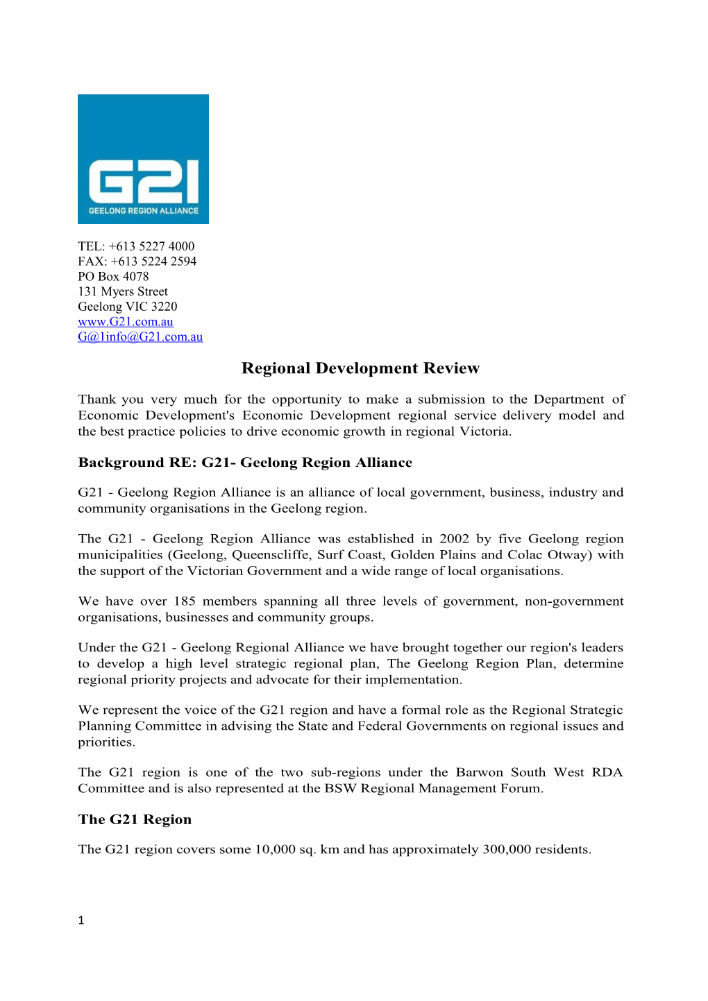Background RE: G21- Geelong Region Alliance