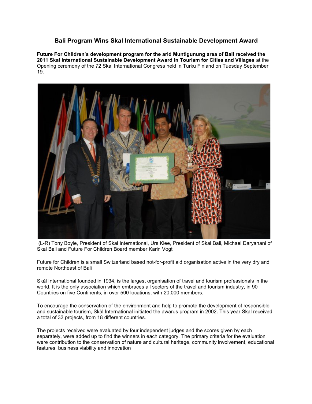 Bali Program Wins Skal International Sustainable Development Award