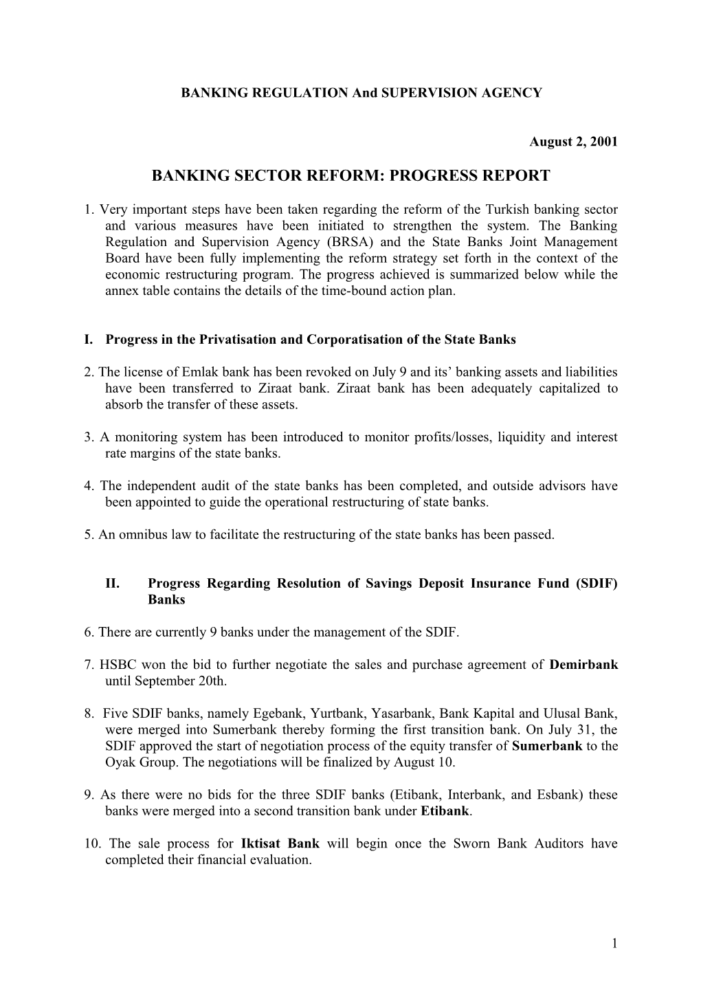Banking Sector Reform: Progress Report