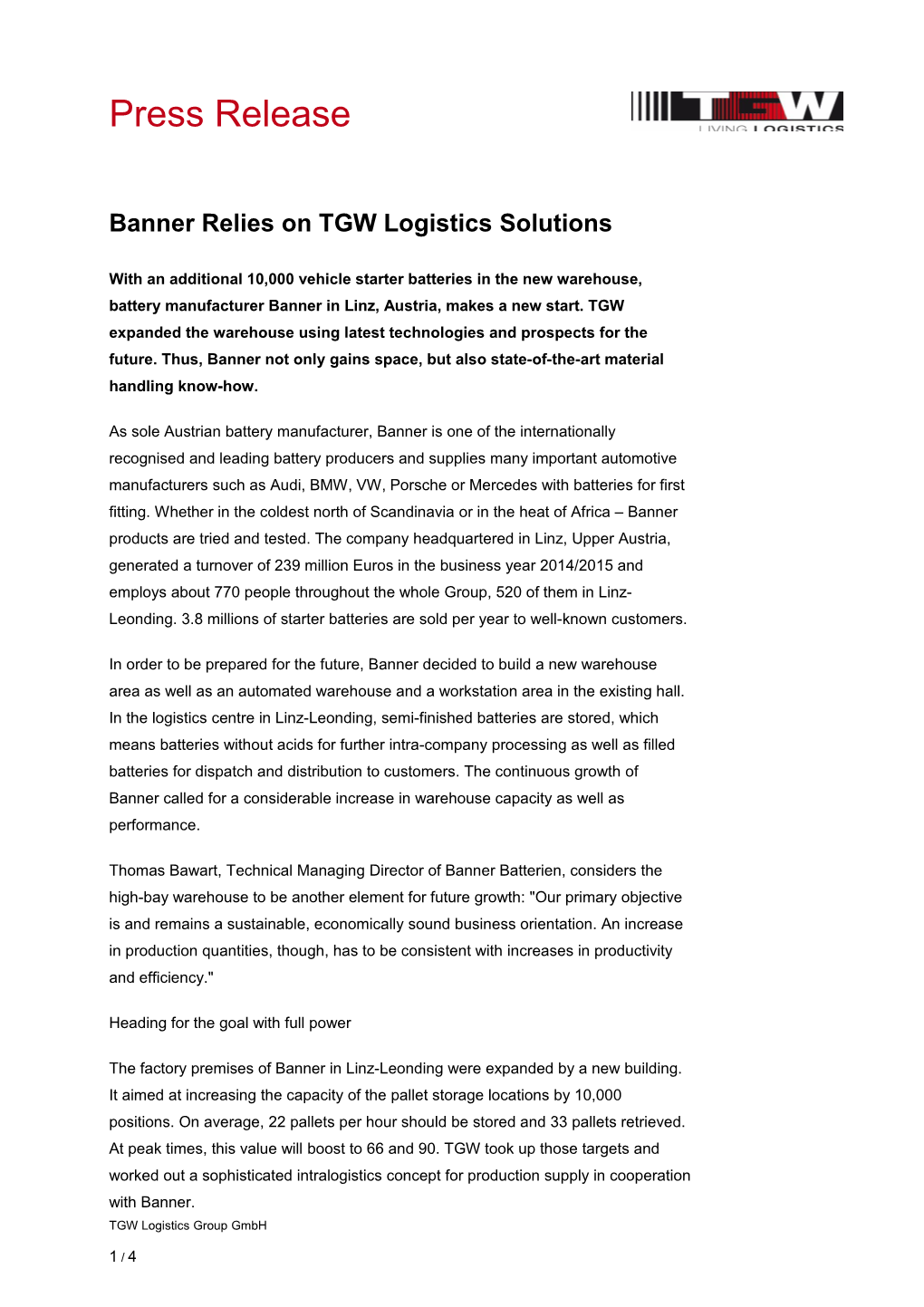 Banner Relies on TGW Logistics Solutions