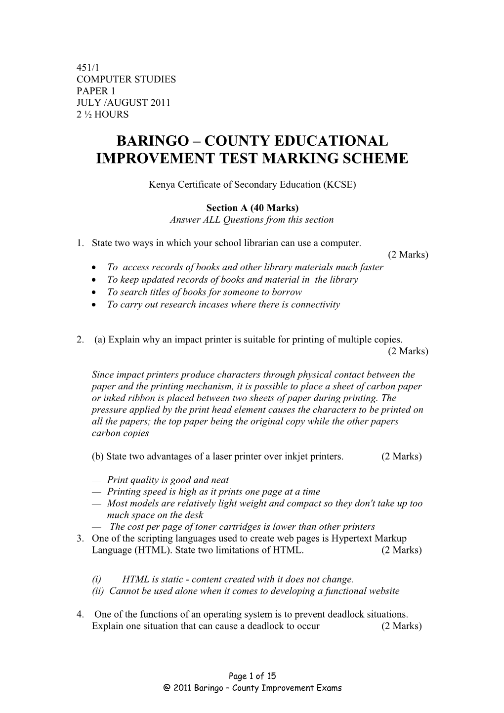Baringo County Educational Improvement Test Marking Scheme