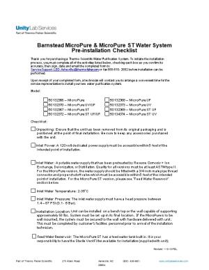Barnstead Micropure & Micropure ST Water System Pre-Installation Checklist
