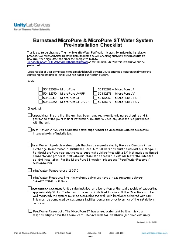 Barnstead Micropure & Micropure ST Water System Pre-Installation Checklist