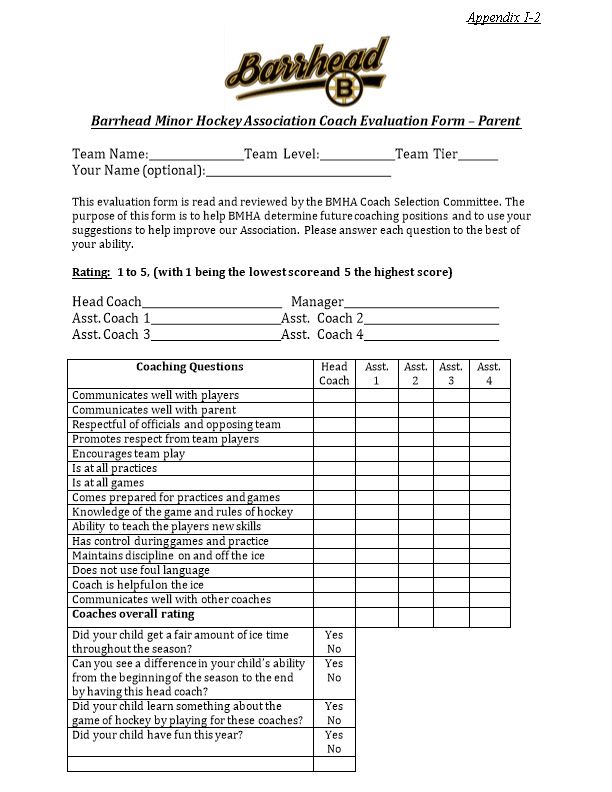 Barrhead Minor Hockey Association Coach Evaluation Form Parent