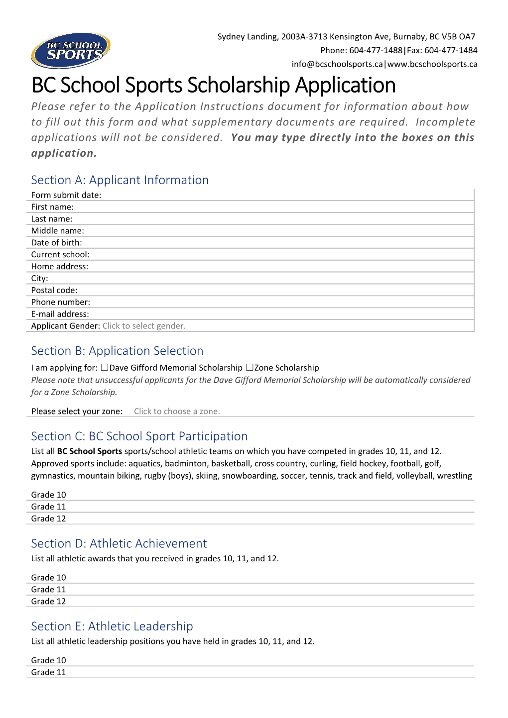 BC School Sports Scholarship Application