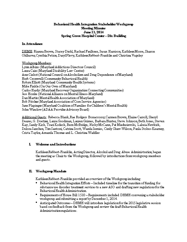 Behavioral Health Integration Stakeholder Workgroup Minutes 6/13/2014