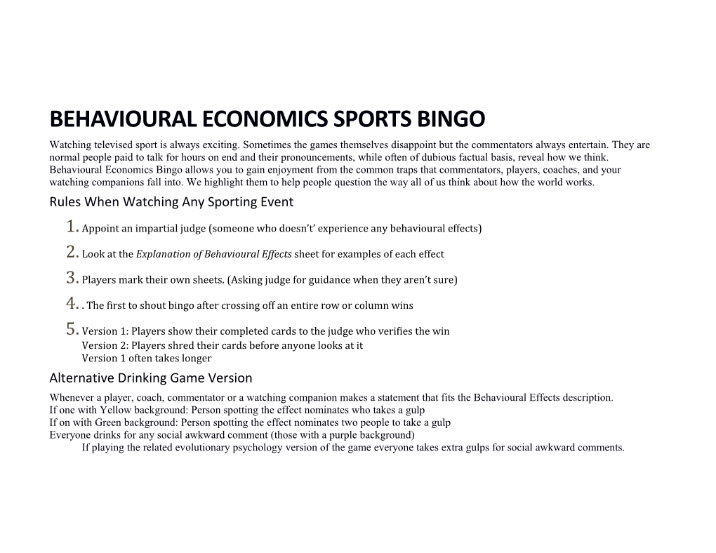 Behavioural Economics Sports Bingo