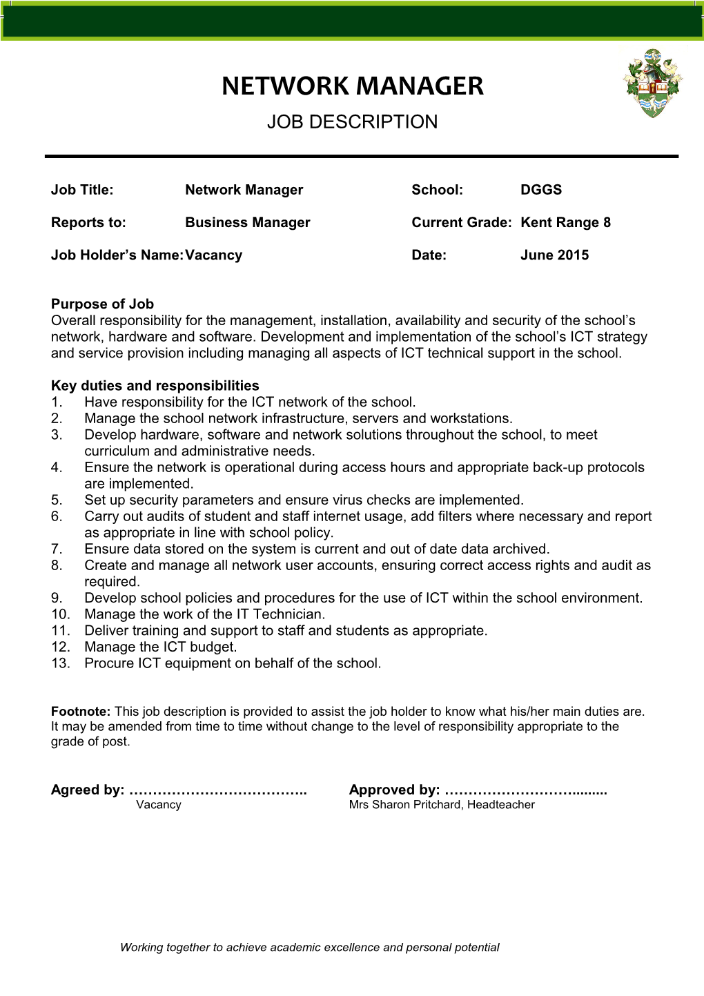 Benchmarked Jobs for Schools: Network Manager