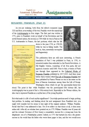 Benjamin Franklin's Autobiography Part 2
