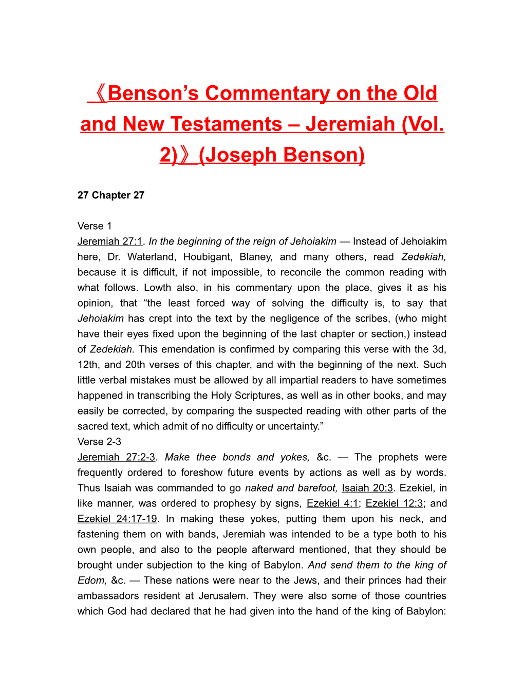Benson S Commentary on the Old and New Testaments Jeremiah (Vol. 2) (Joseph Benson)