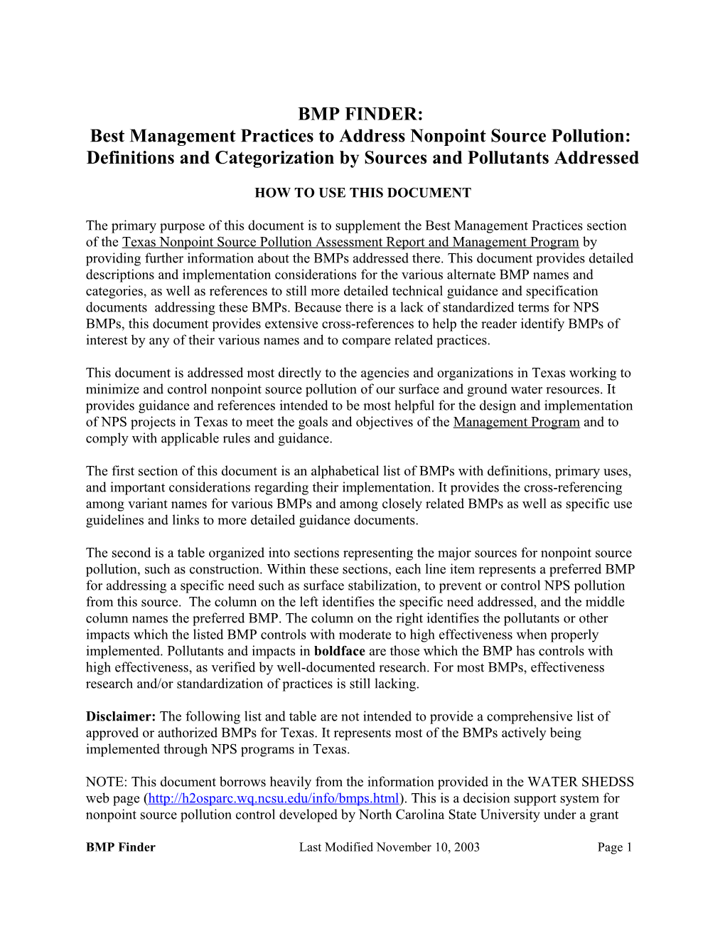 Best Management Practices to Address Nonpoint Source Pollution