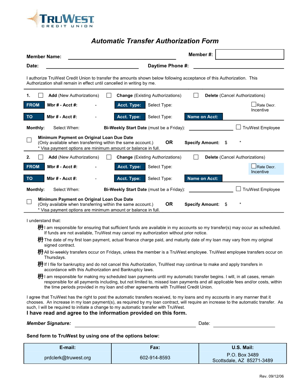 Bi-Weekly Automatic Transfer Authorization Form