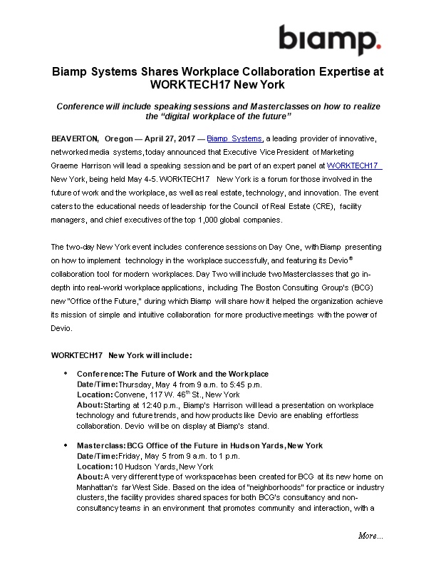 Biamp Systemsshares Workplace Collaborationexpertise at WORKTECH17 New York