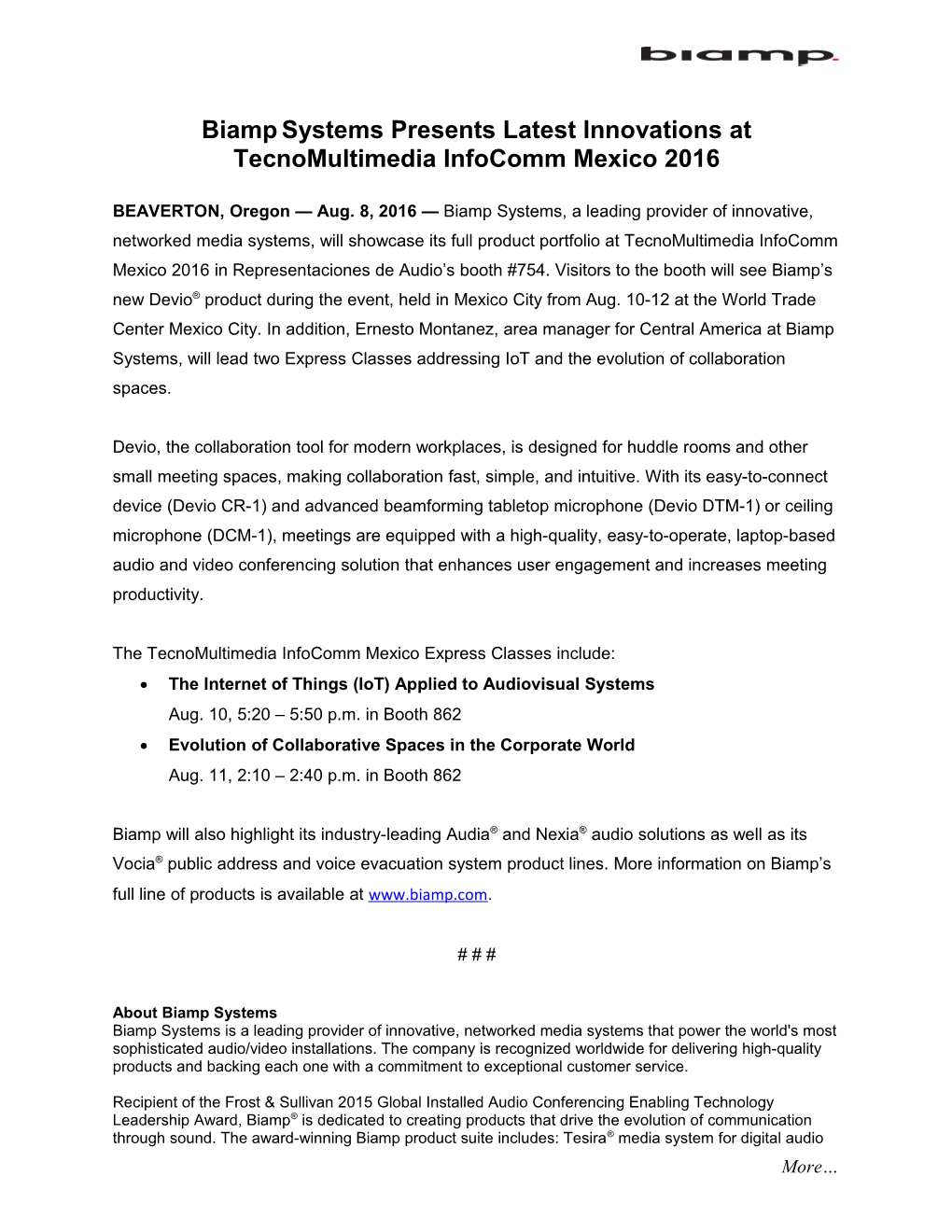 Biampsystems Presents Latest Innovations at Tecnomultimedia Infocomm Mexico 2016