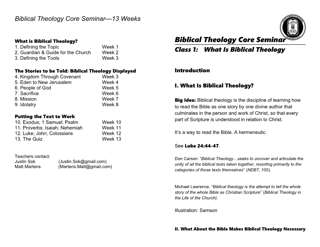 Biblical Theology Core Seminar 13 Weeks