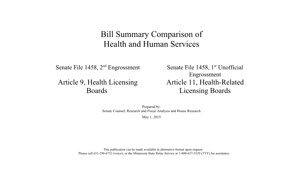 Bill Summary Comparison of Senate File 1458-2/Senate File 1458Ue1may 1, 2015