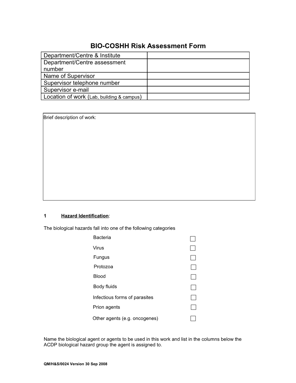 BIO-COSHH Risk Assessment Form