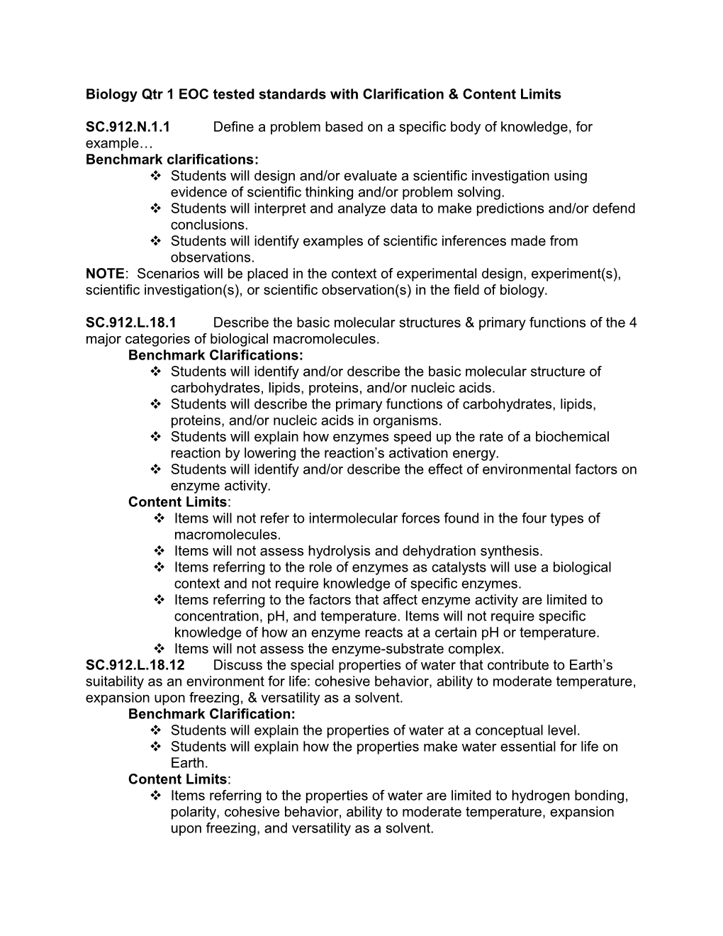 Biology Qtr 1 EOC Tested Standards with Clarification & Content Limits