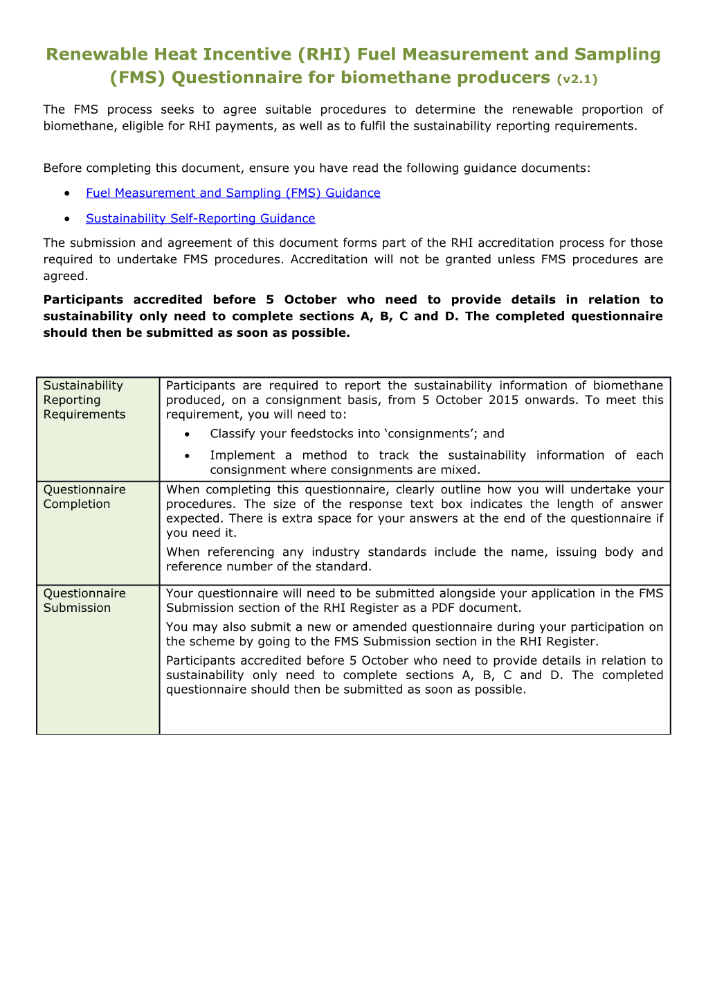 Biomethane Fuel Measurement and Sampling Questionnaire V2.1