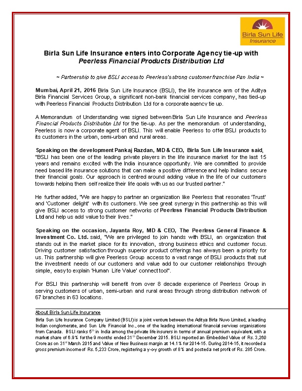 Birla Sun Life Insurance Enters Into Corporate Agency Tie-Up with Peerless Financial Products