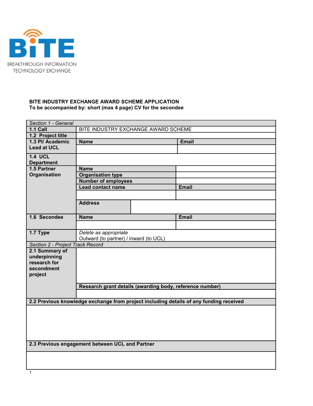 Bite Industry Exchange Award Scheme Application