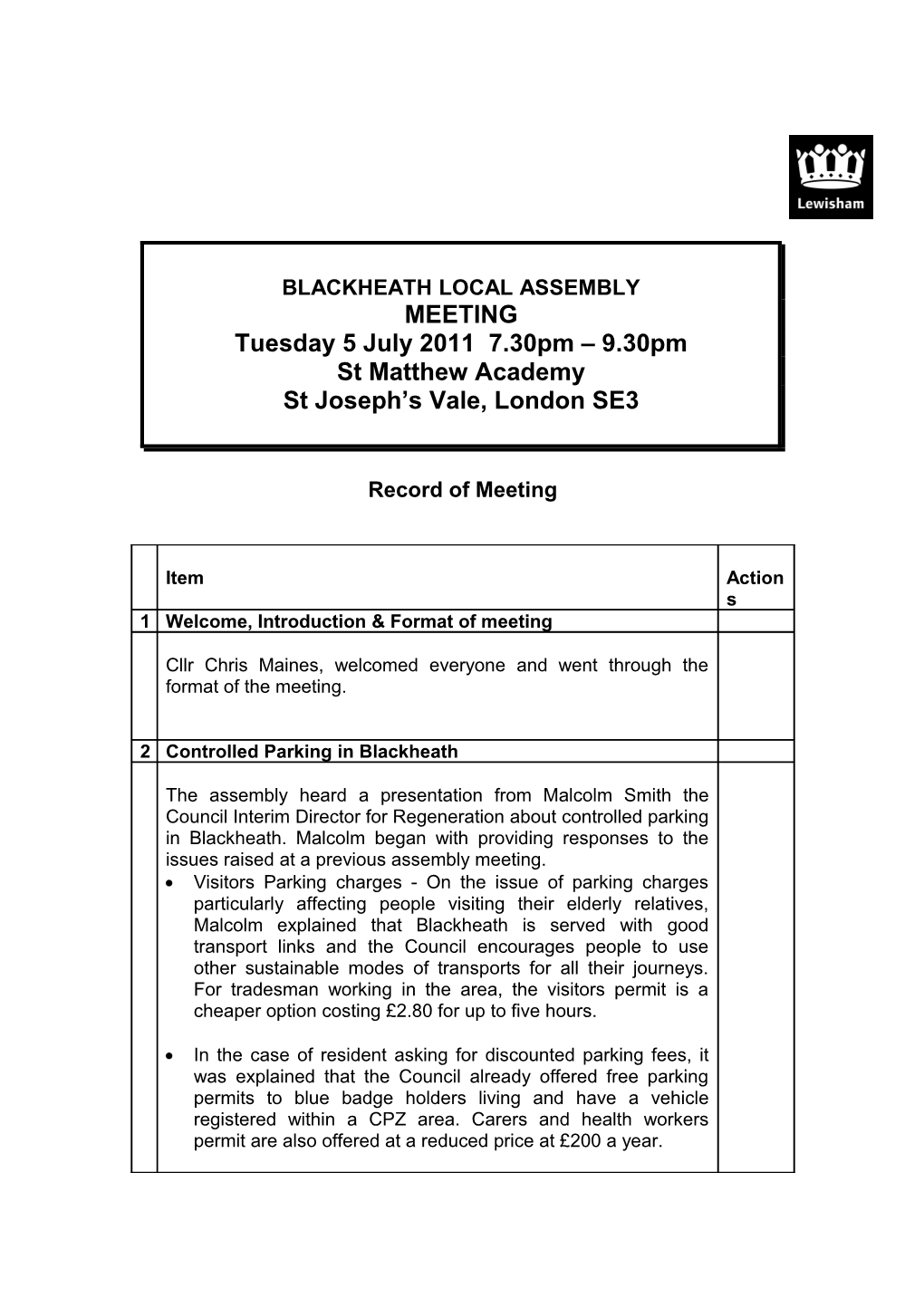 Blackheath Assembly Minutes 05 July 2011