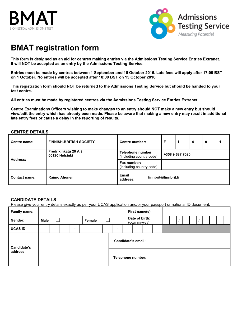 BMAT EU Registration Form - Sterling