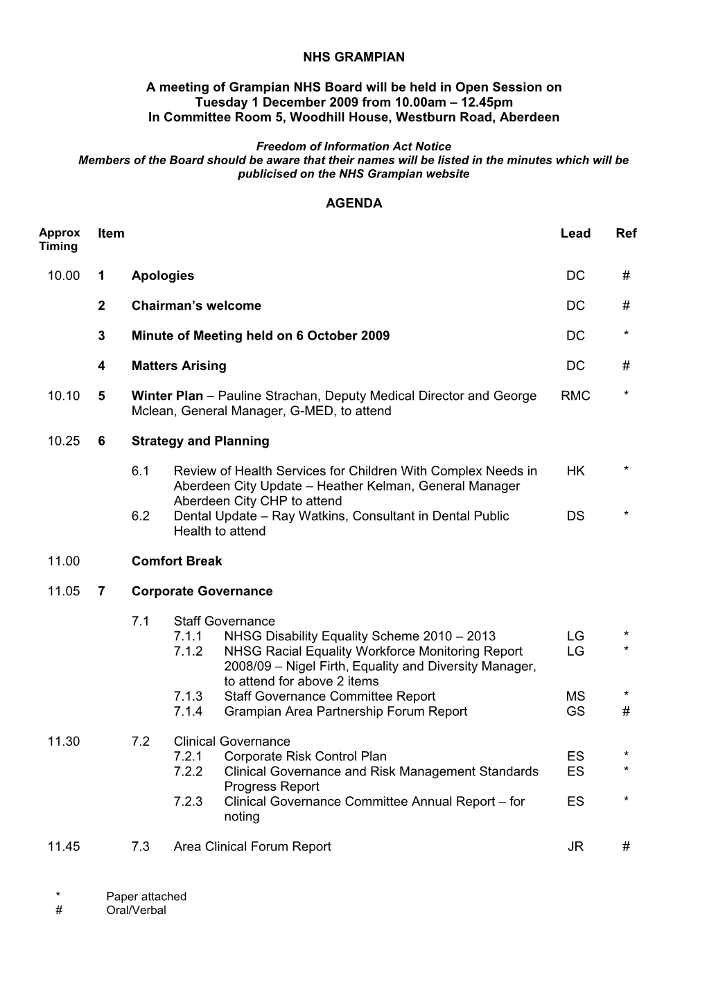 Board Agenda for 1 December 2009 Meeting