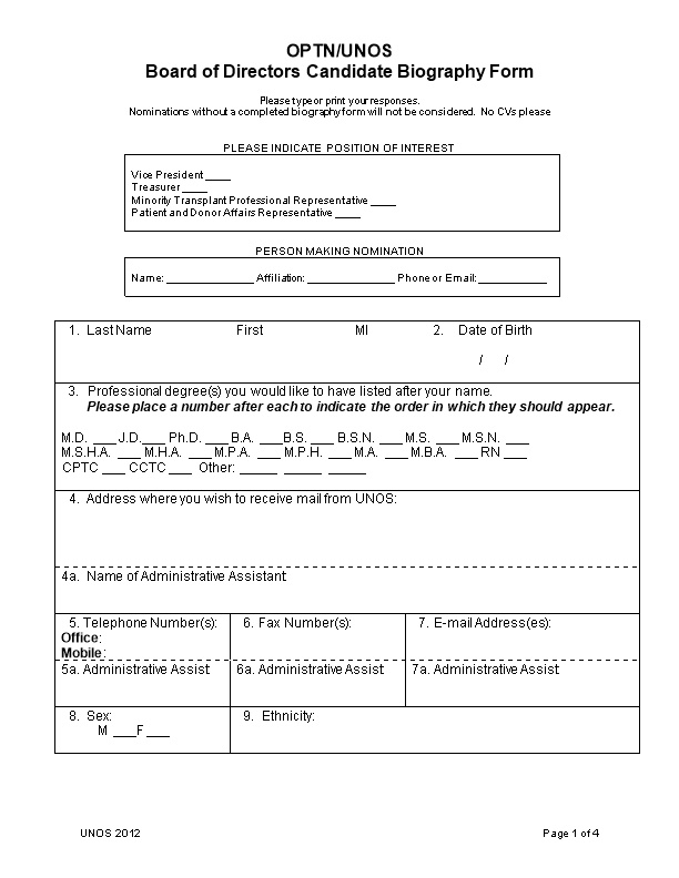 Board of Directors Candidate Biography Form