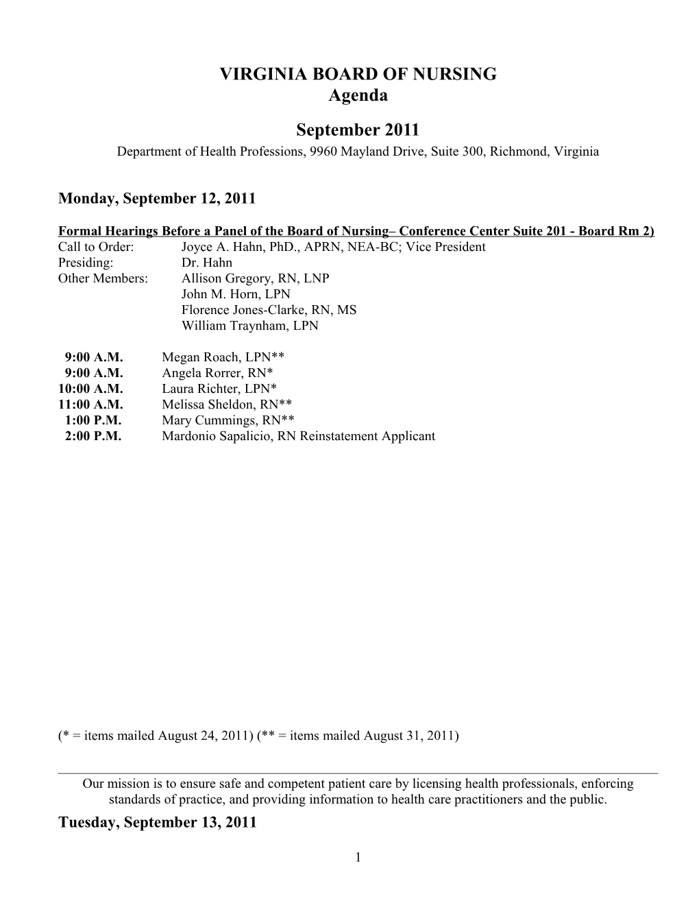 Board of Nursing Agenda - Sept. 2011