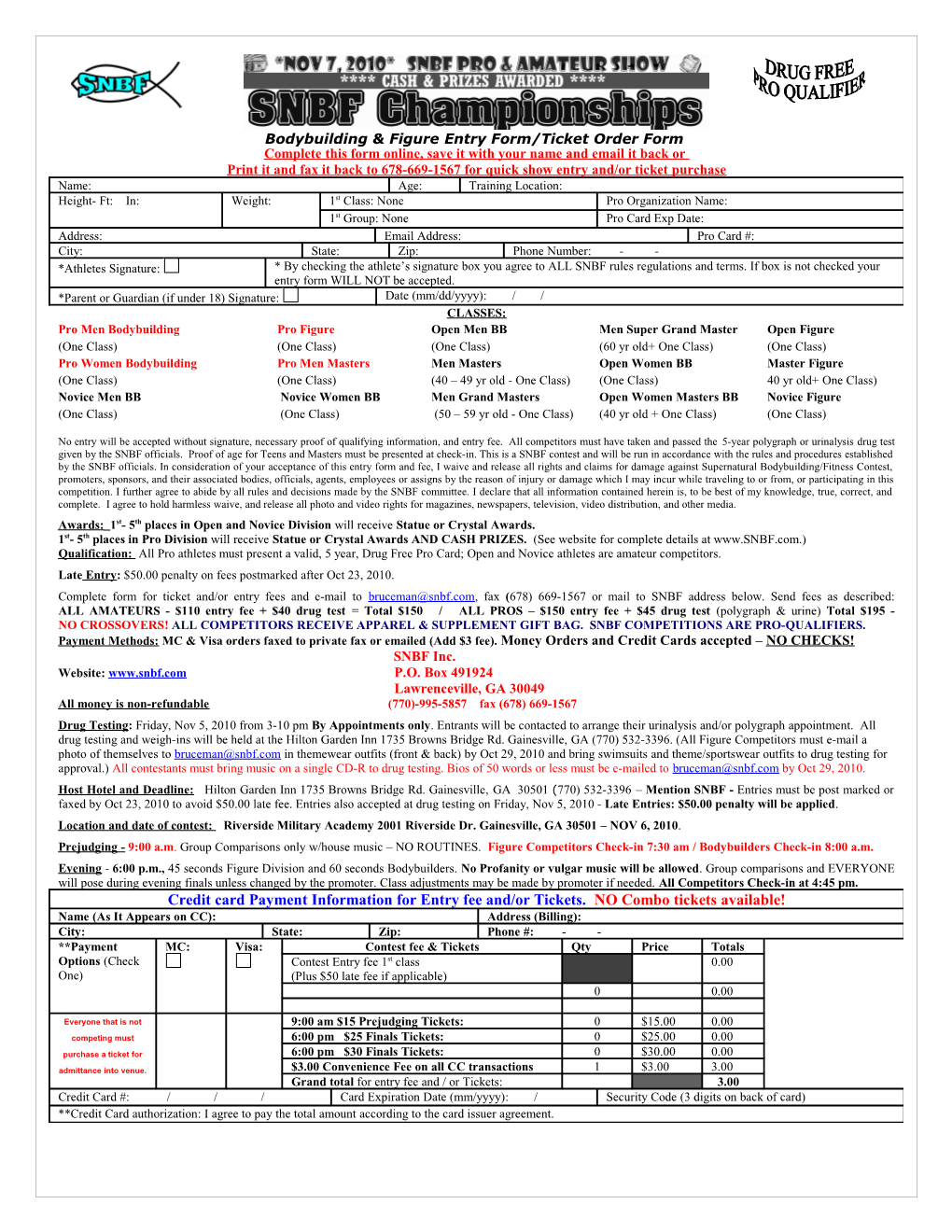 Bodybuilding & Figureentry Form/Ticket Order Form
