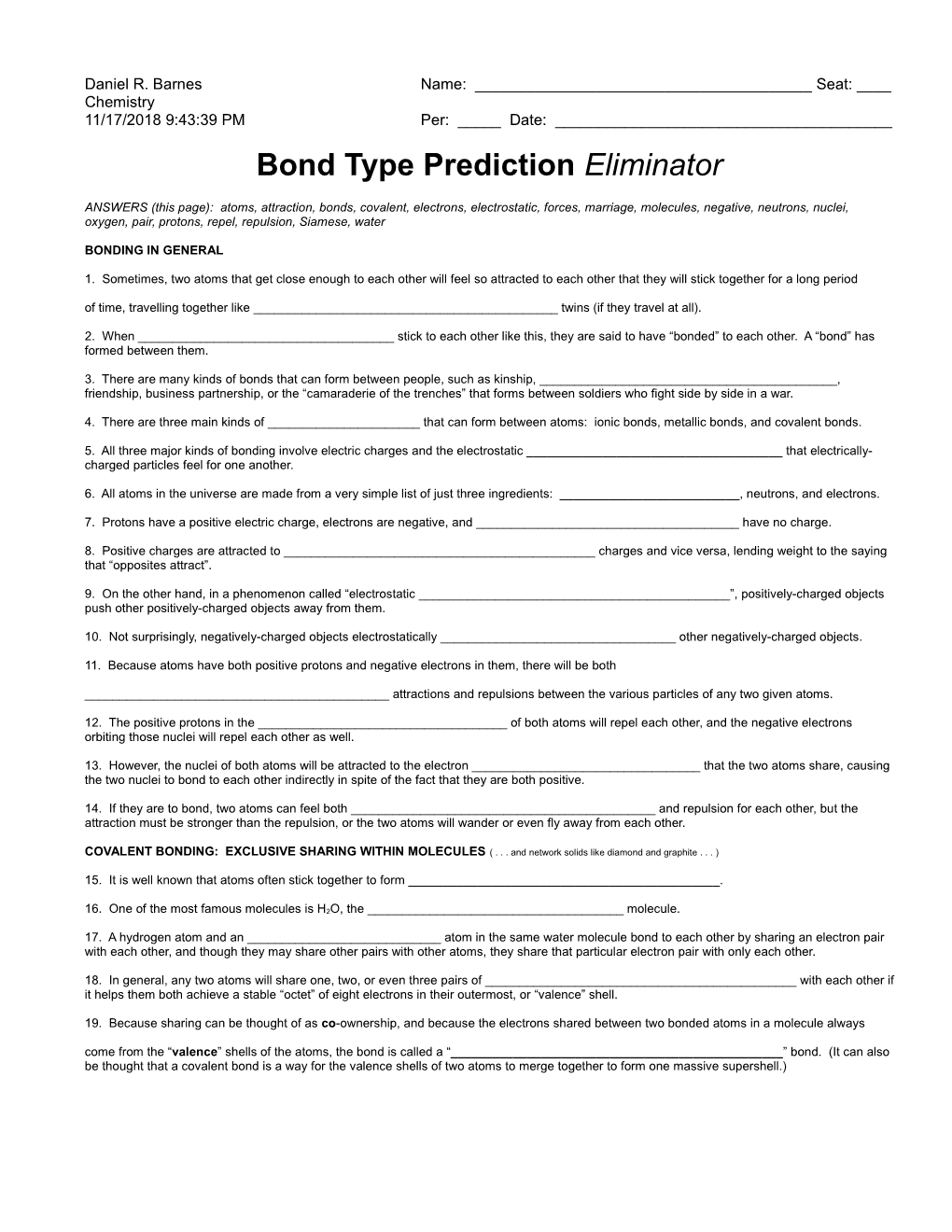 Bond Type Prediction Worksheet, Daniel R. Barnes, Chemistry, 11/10/05 10:55:11 AM