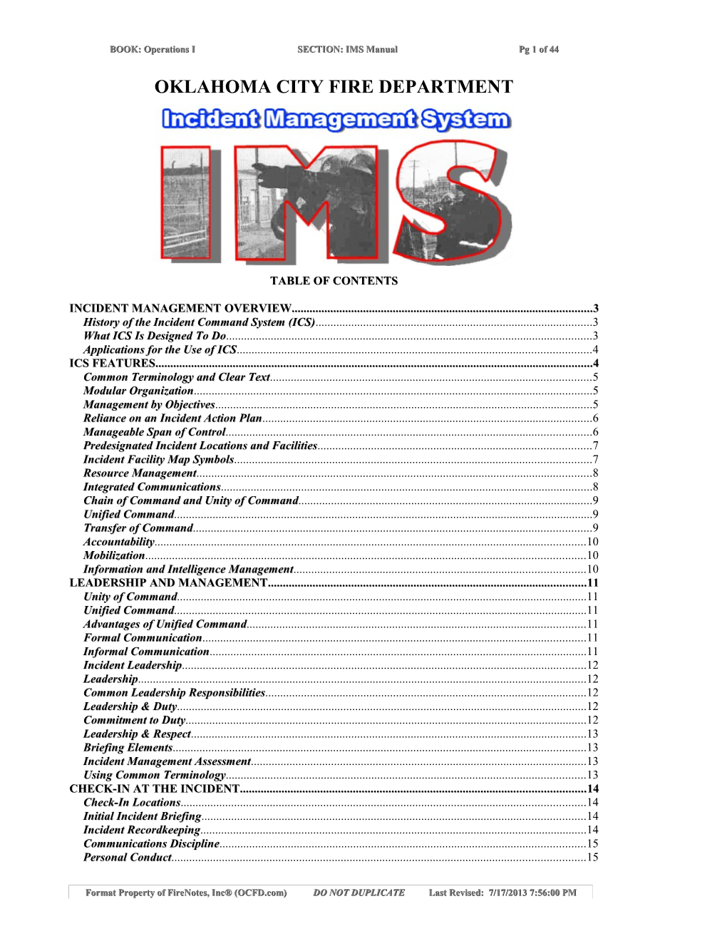 BOOK: Operations I SECTION: IMS Manual Pg 1 of 44