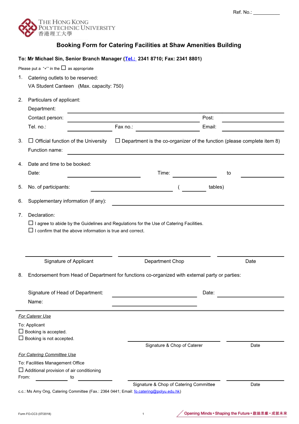 Booking Form for Catering Facilities at Shaw Amenities Building