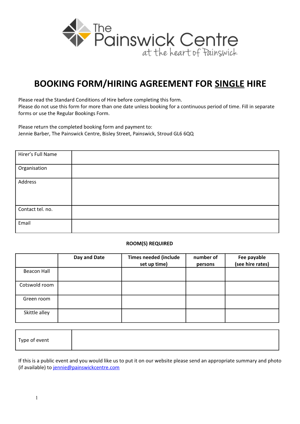 Booking Form/Hiring Agreement for Single Hire