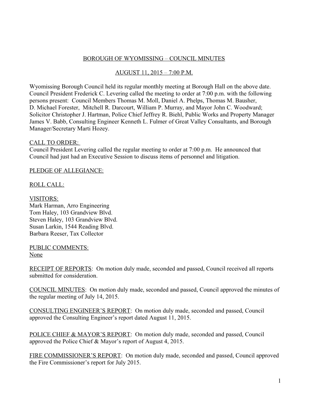 Borough of Wyomissing Council Minutes