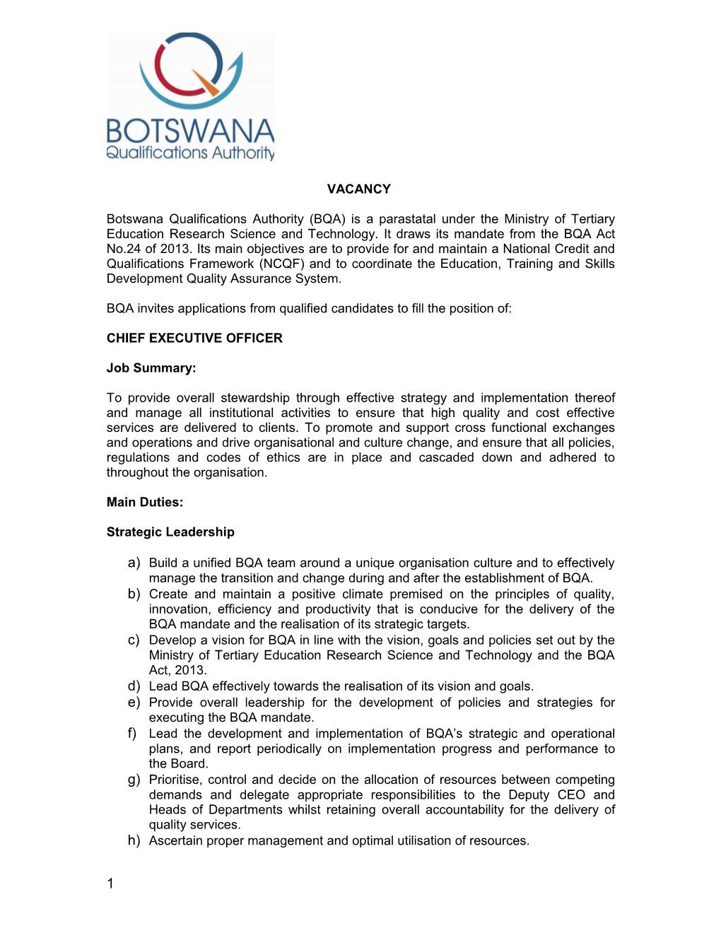 BQA Invites Applications from Qualified Candidates to Fill the Position Of