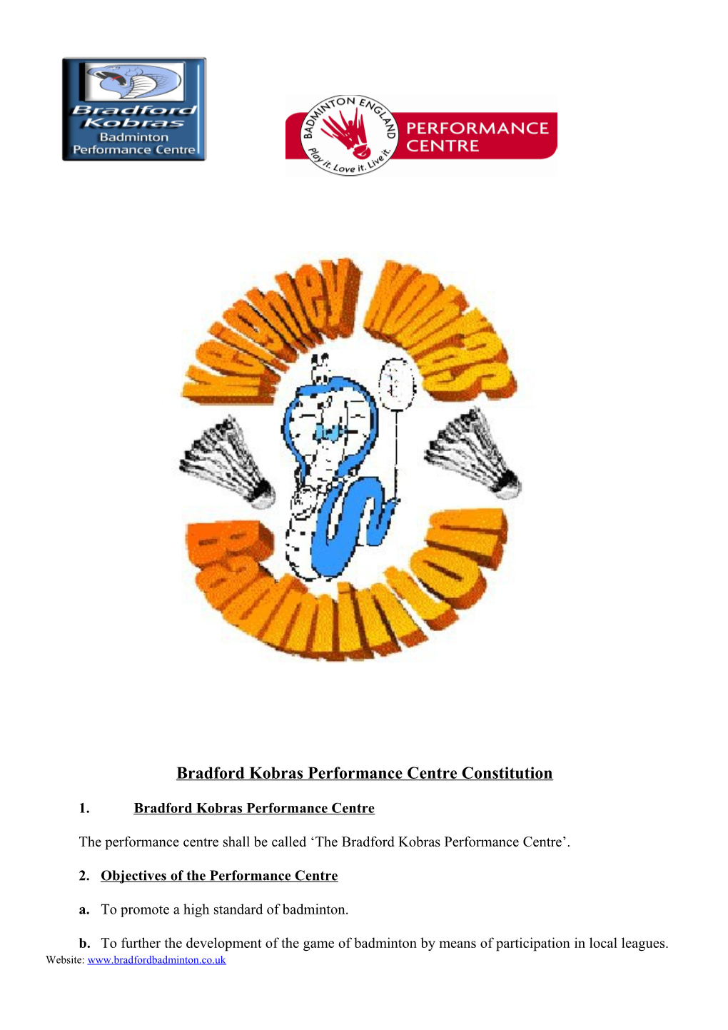 Bradford Kobras Performance Centre Constitution