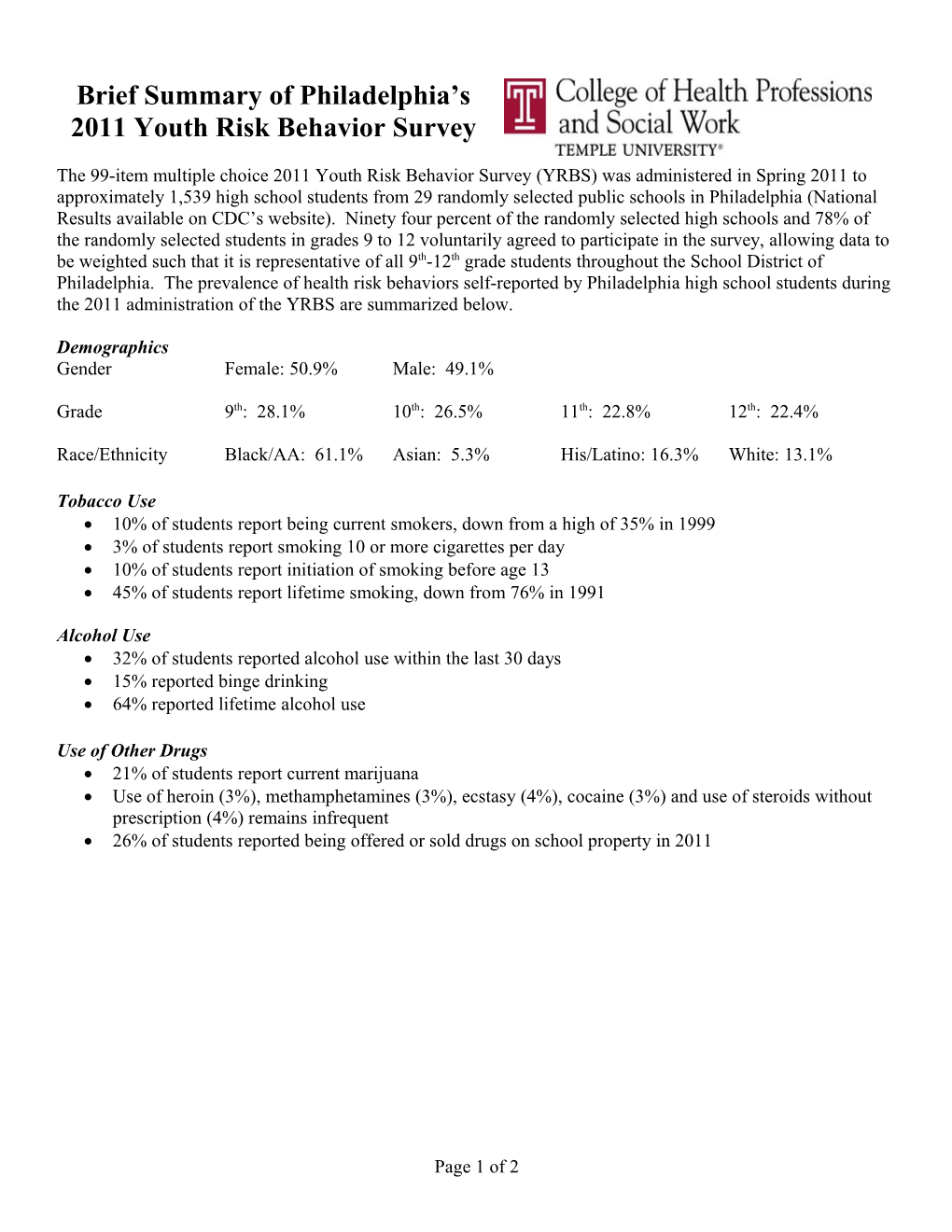 Brief Summary of Philadelphia S 2011 Youth Risk Behavior Survey